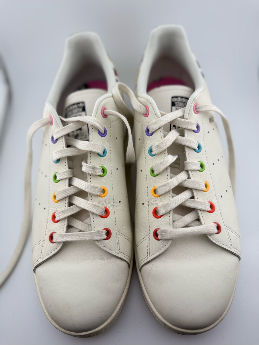 adidas Men’s White Stan Smith Pride Leather Sneakers with Rainbow Eyelets
